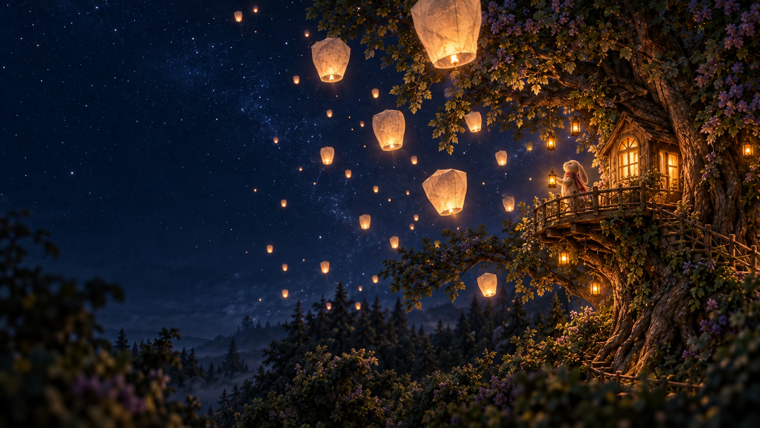 Paper lanterns rising from the storybook treehouse into a starry sky, three of them marked as upcoming ventures