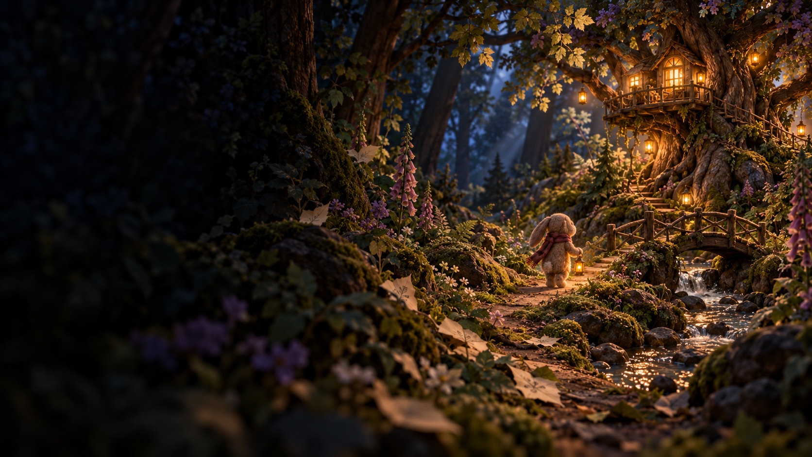The little rabbit continues into the story, lantern in hand, following a woodland path toward a warmly lit treehouse