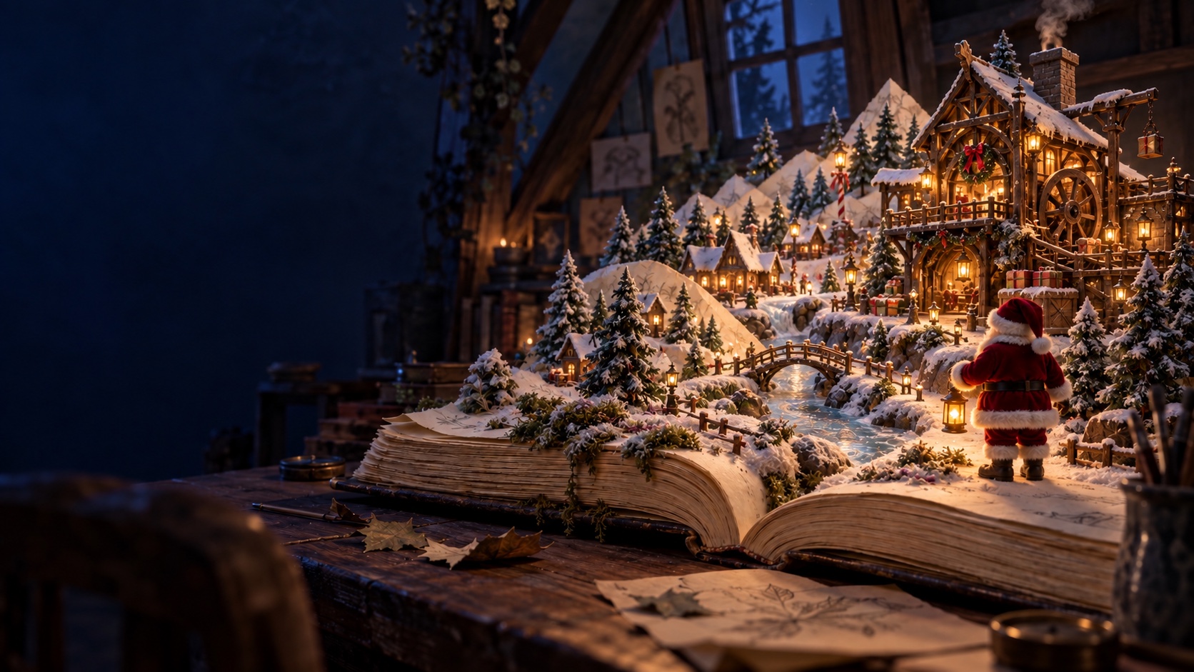 Santa surveys a warmly lit North Pole village coming to life on the pages of a sketchbook