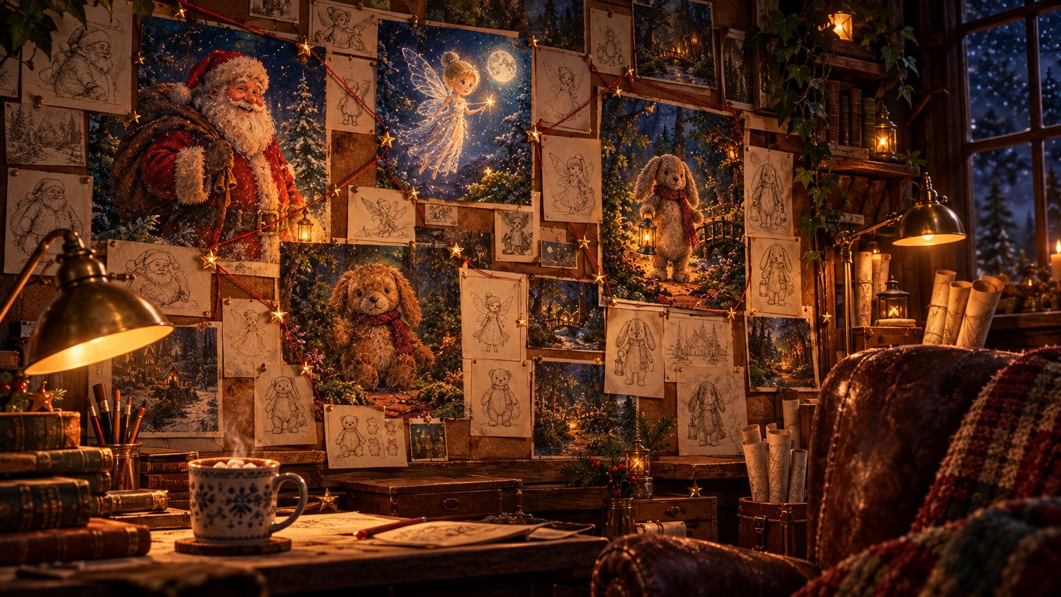A story wall covered in sketches and paintings of Santa, a tooth fairy, a teddy bear and a lantern bunny, joined with red string, beside a warm desk lamp and a mug of cocoa