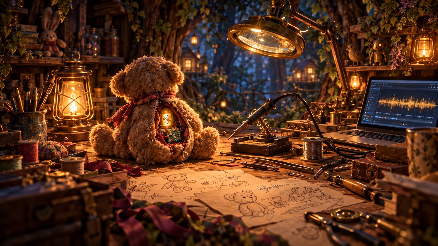A tinkering bench at night: a teddy bear with a small glowing voice module stitched inside, surrounded by tools, sketches, a lantern and a laptop showing a waveform