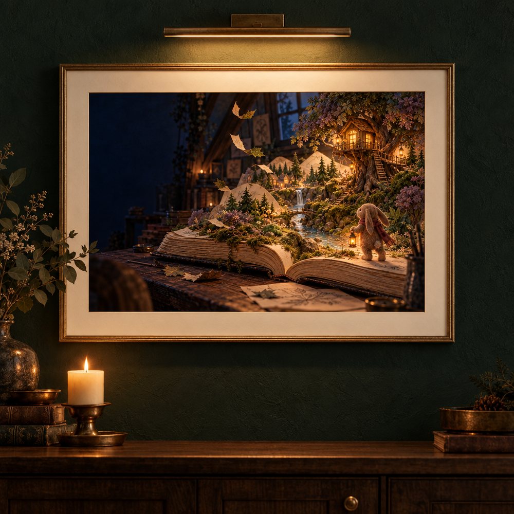 Framed gallery print of the storybook woodland painting on a deep green wall