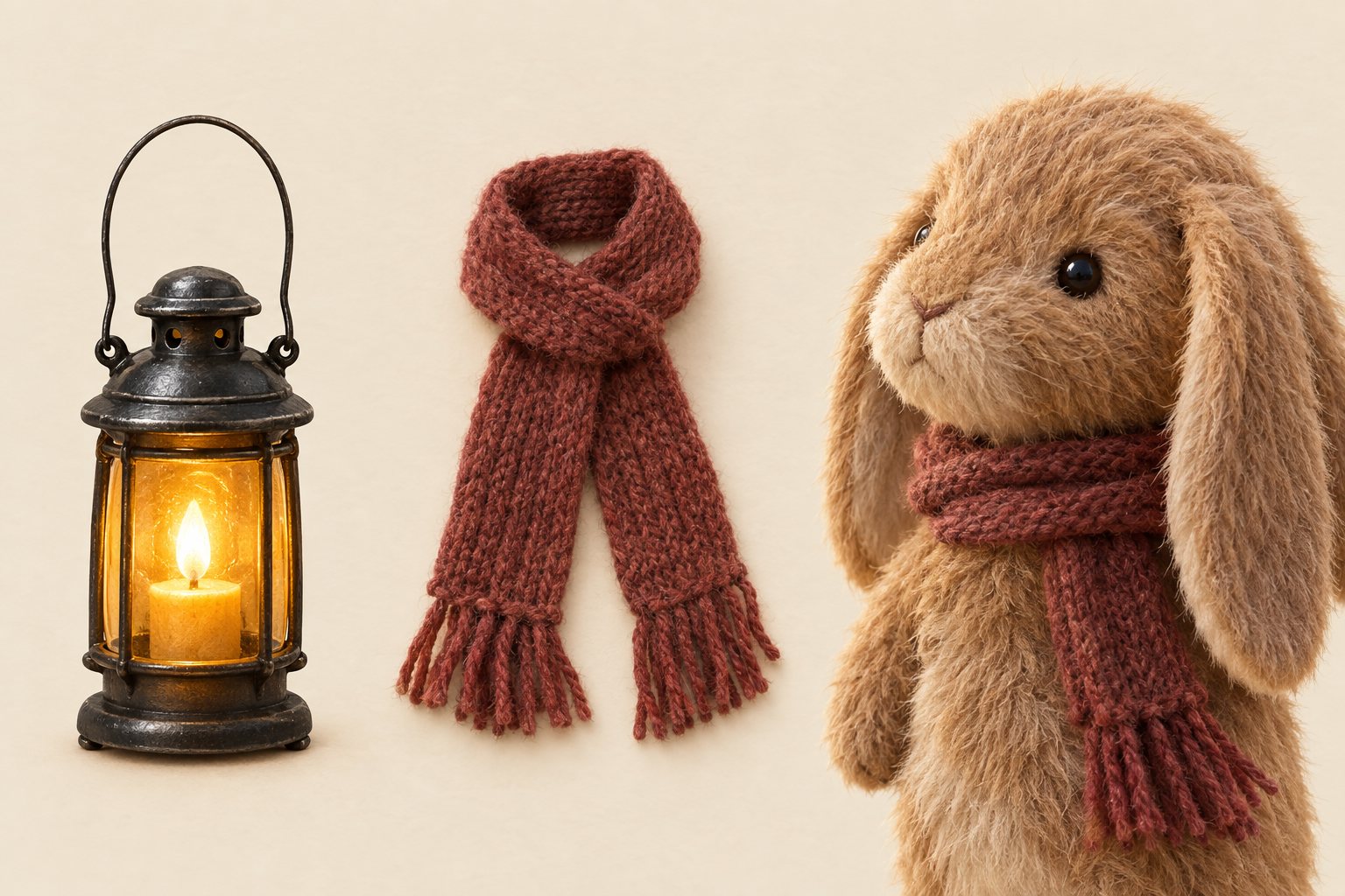 Details: the black iron lantern, the brick-red knit scarf, and a close-up of Wick's face