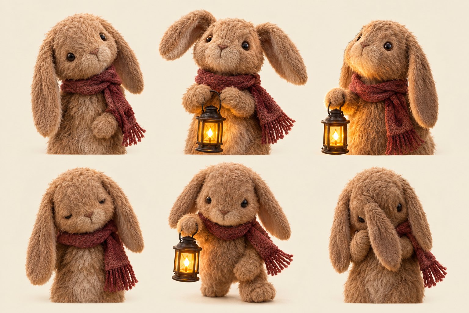 Six expressions: curious, delighted, wonder, sleepy, determined, shy