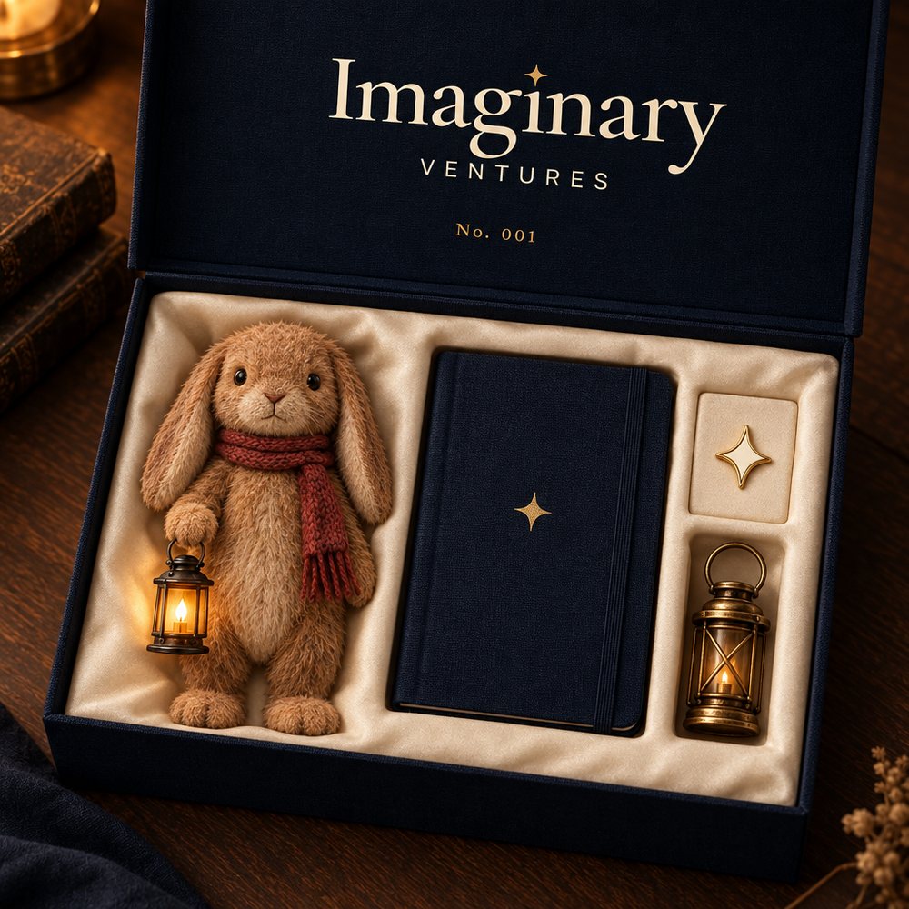 Open midnight box with the Wick plush, a notebook, a spark pin and a brass lantern; lid printed Imaginary Ventures No. 001