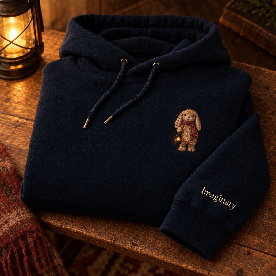 Midnight hoodie with a small embroidered Wick on the chest and the wordmark on the cuff