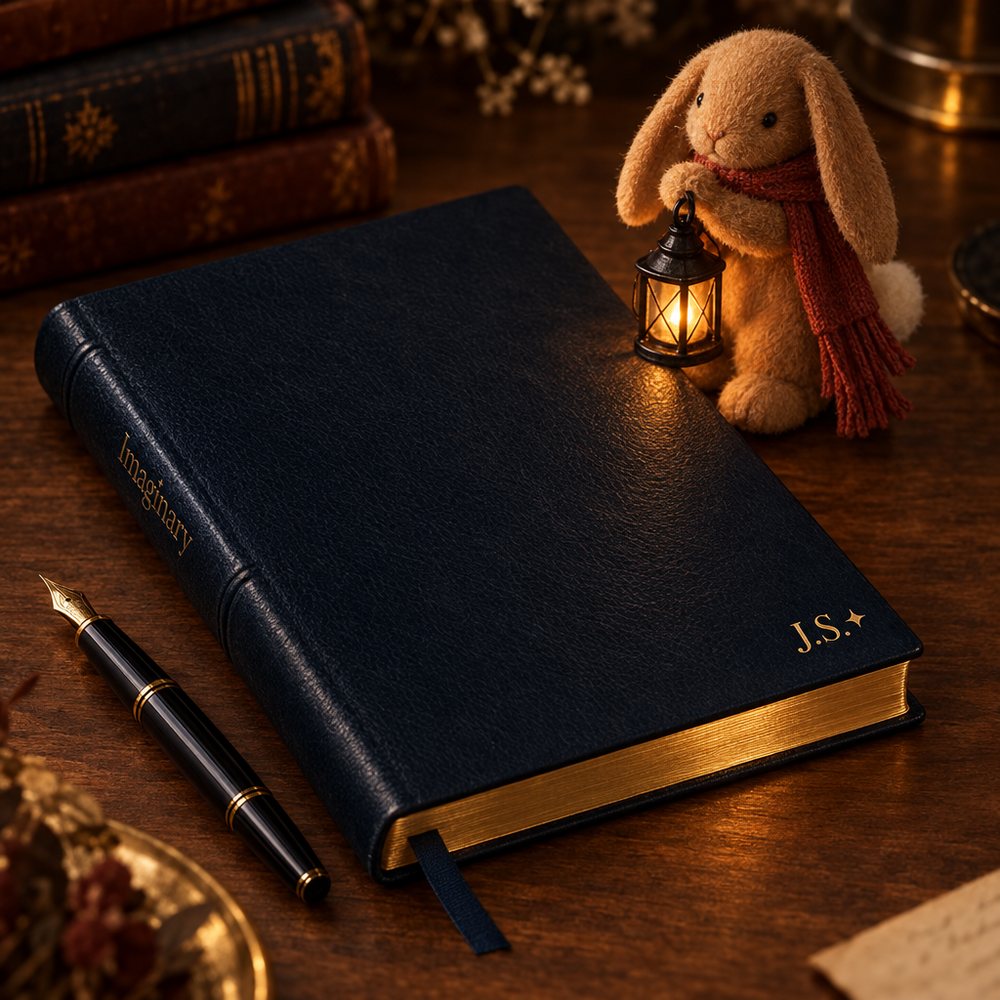Midnight leather journal with gold monogram initials J.S. and a spark, gilded page edges