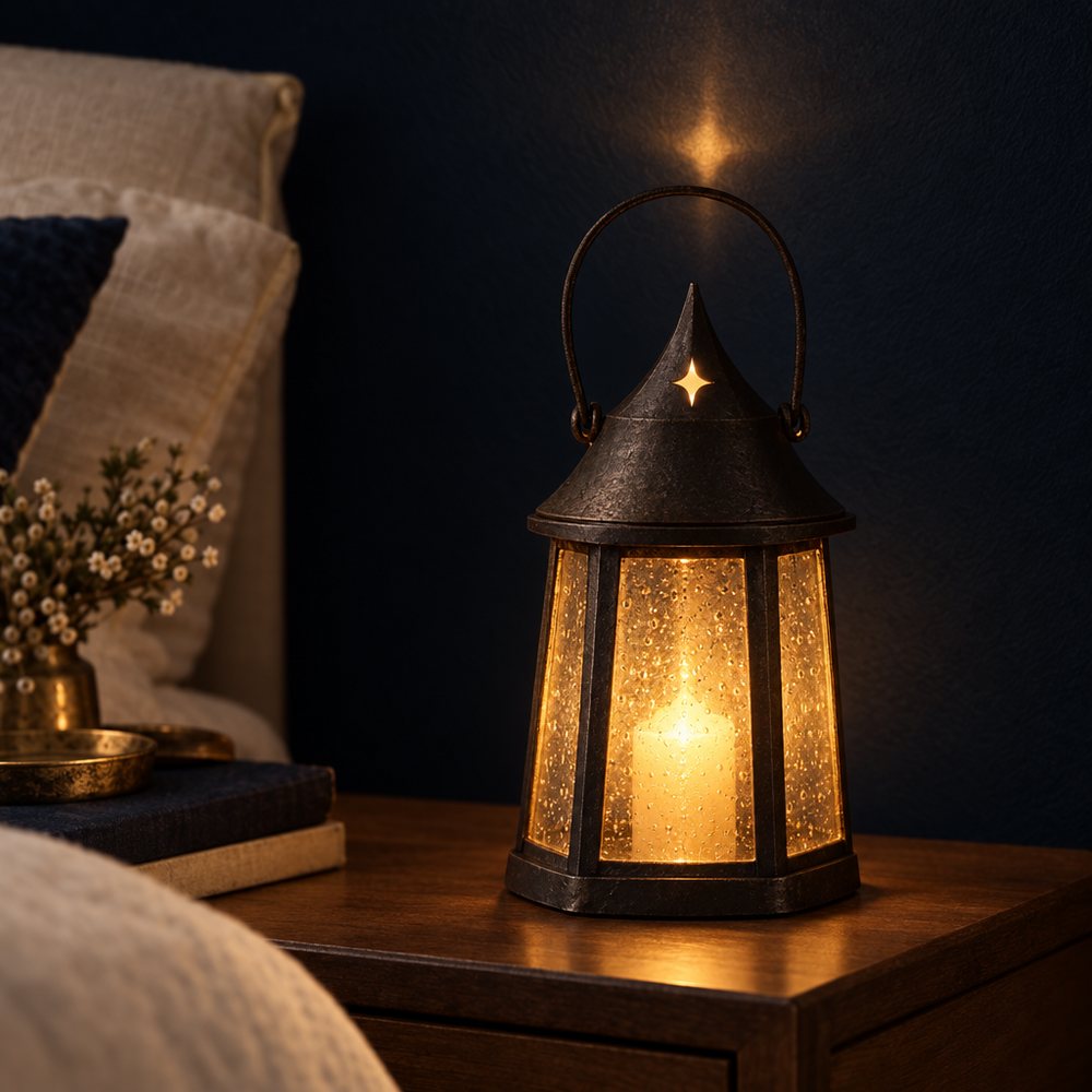 A black iron lantern table lamp glowing on a nightstand, a spark of light cast on the wall
