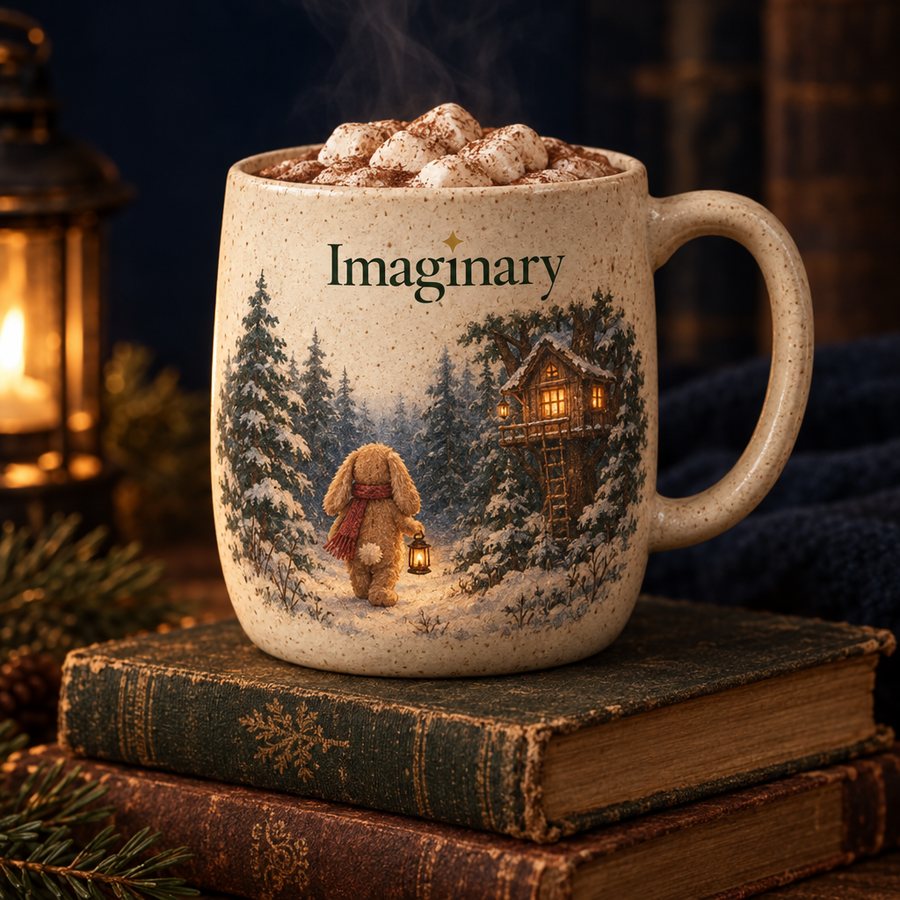 Speckled cream mug painted with Wick walking toward the treehouse