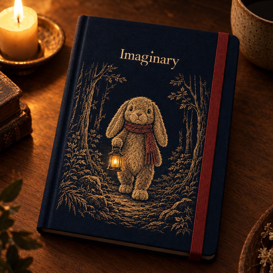 Midnight cloth notebook with gold-foil line art of Wick on a forest path