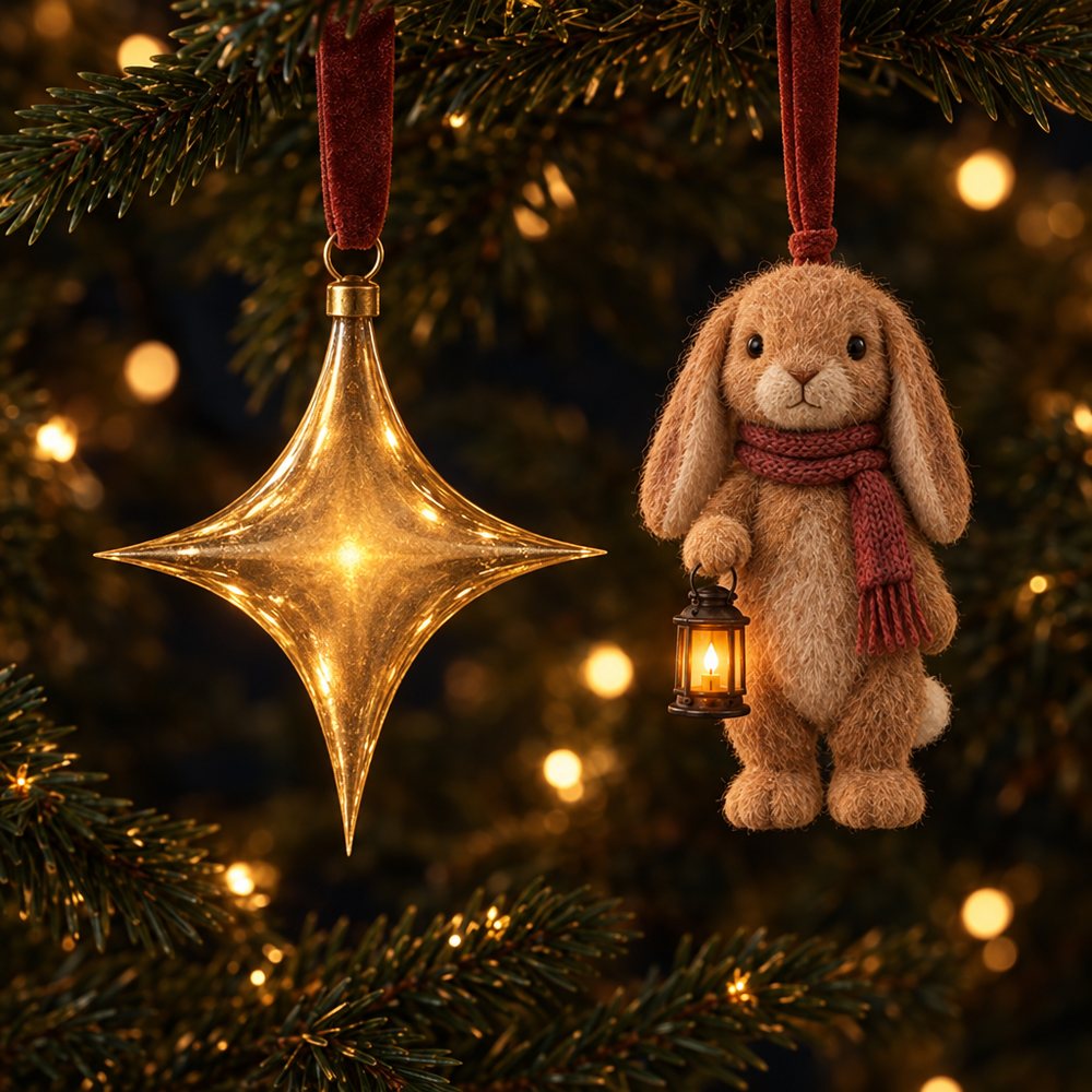 A gold glass spark-shaped ornament and a tiny felt Wick ornament on an evergreen branch