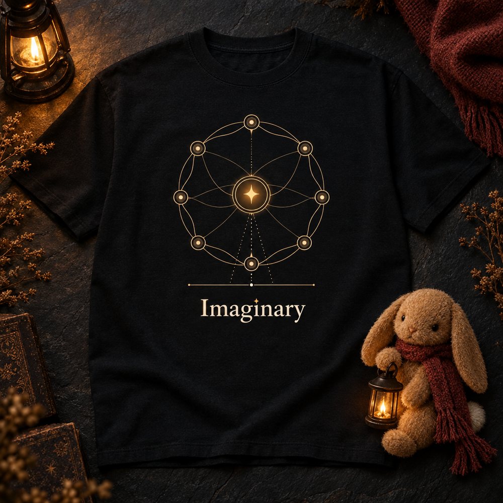Black t-shirt printed with a fine gold line diagram of nine connected nodes around a spark
