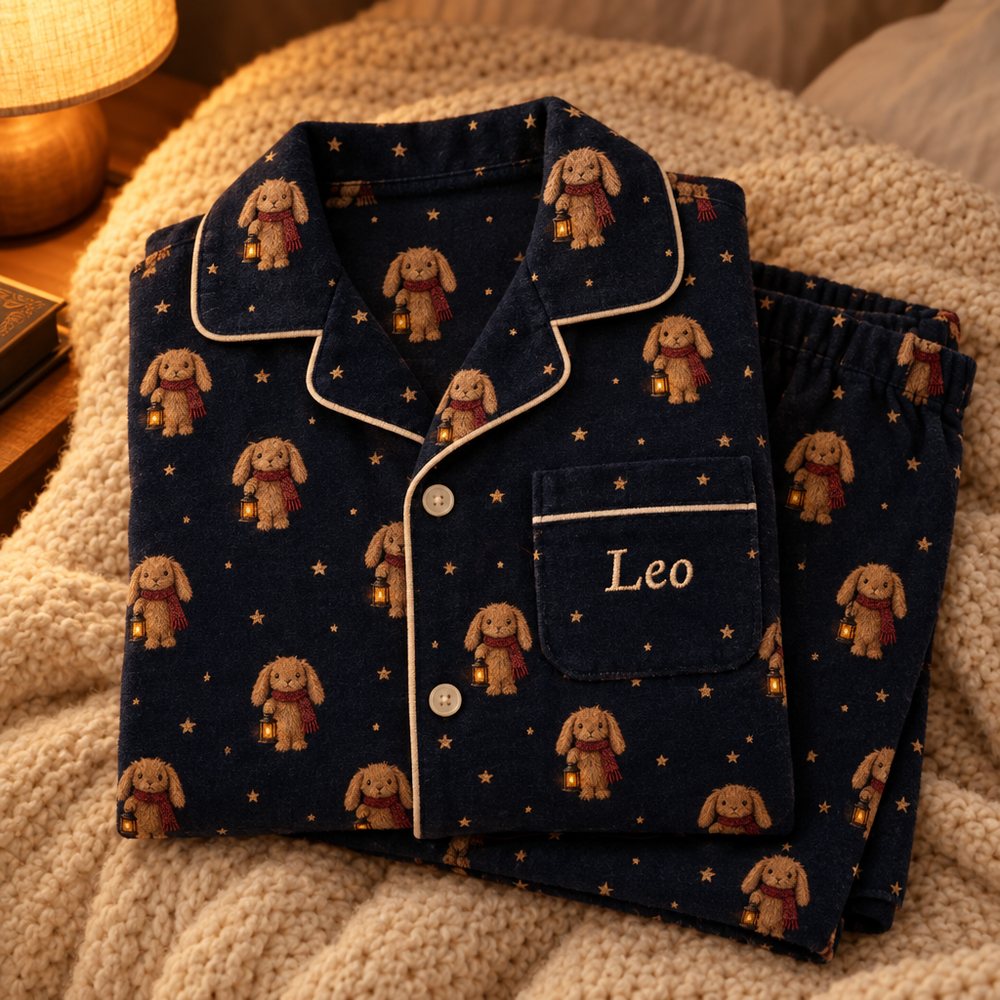 Children's midnight flannel pajamas printed with tiny Wicks and stars, the name Leo on the pocket