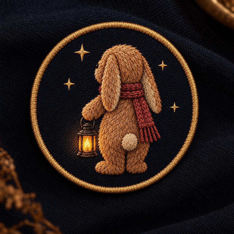 Embroidered round patch of Wick from behind with his lantern under gold stars