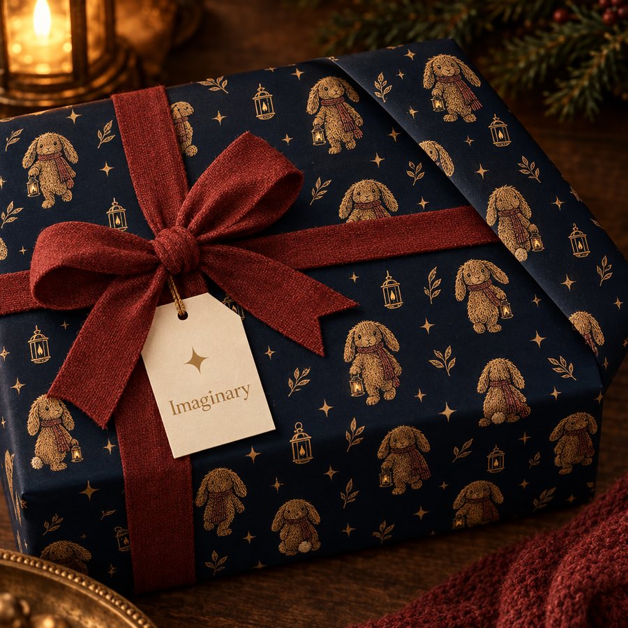 Gift wrapped in midnight paper patterned with gold Wicks, lanterns and sparks