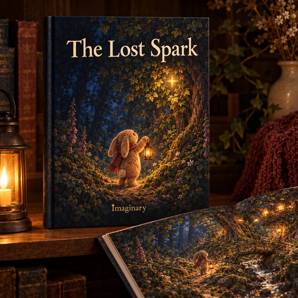 Hardcover picture book titled The Lost Spark showing Wick holding up a lantern toward a hidden spark