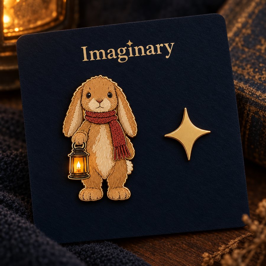 Enamel pins of Wick and the gold spark on a navy card