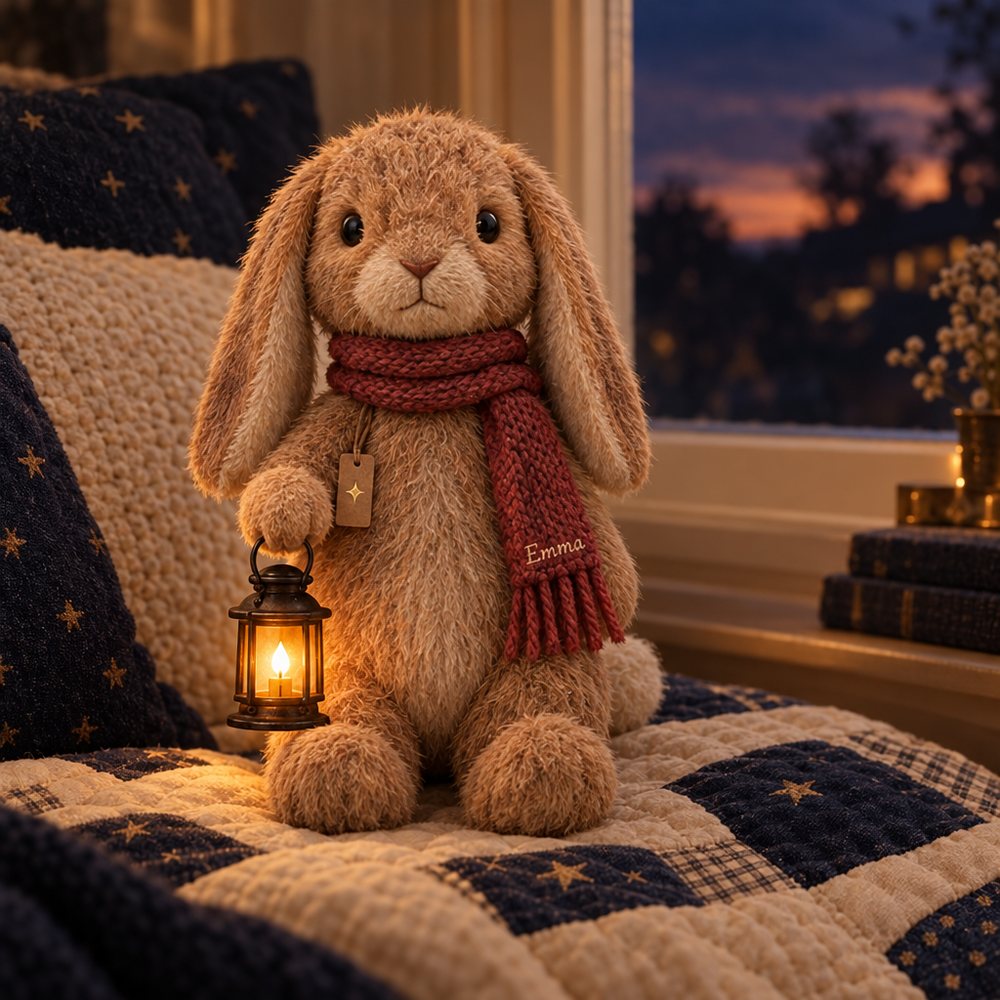 Wick plush on a quilt by a window, the name Emma embroidered on the scarf