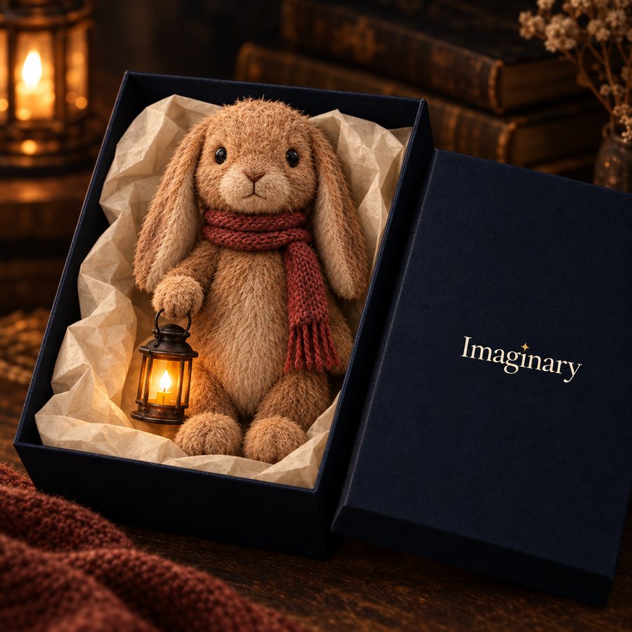 Wick plush with lantern in an open midnight gift box with the Imaginary wordmark