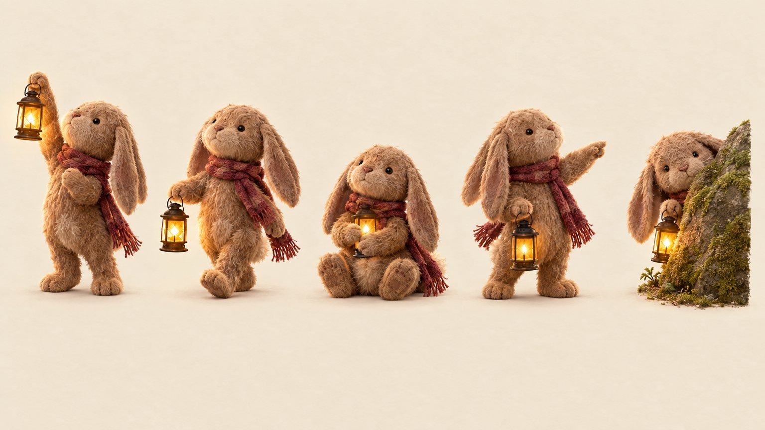 Five poses: lantern held high, walking, sitting hugging the lantern, pointing ahead, peeking from behind a mossy stone