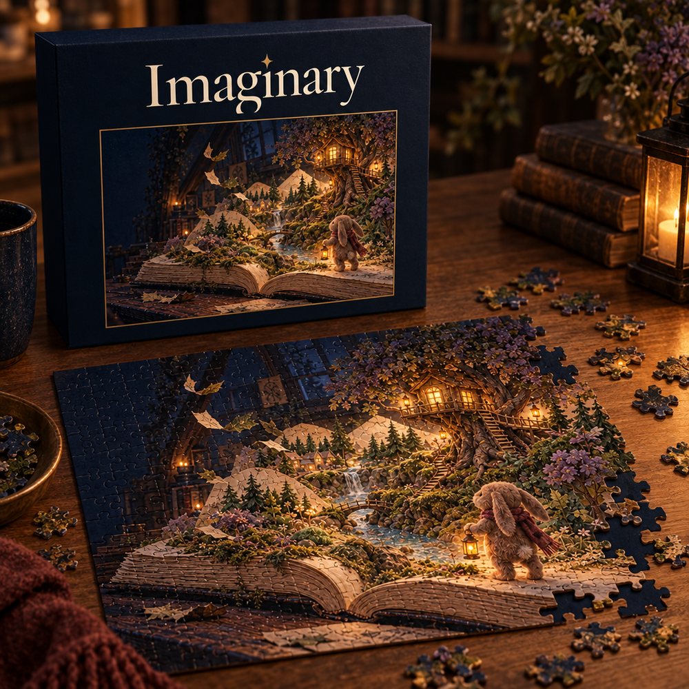 A partly assembled 1000-piece puzzle of the storybook woodland with its box