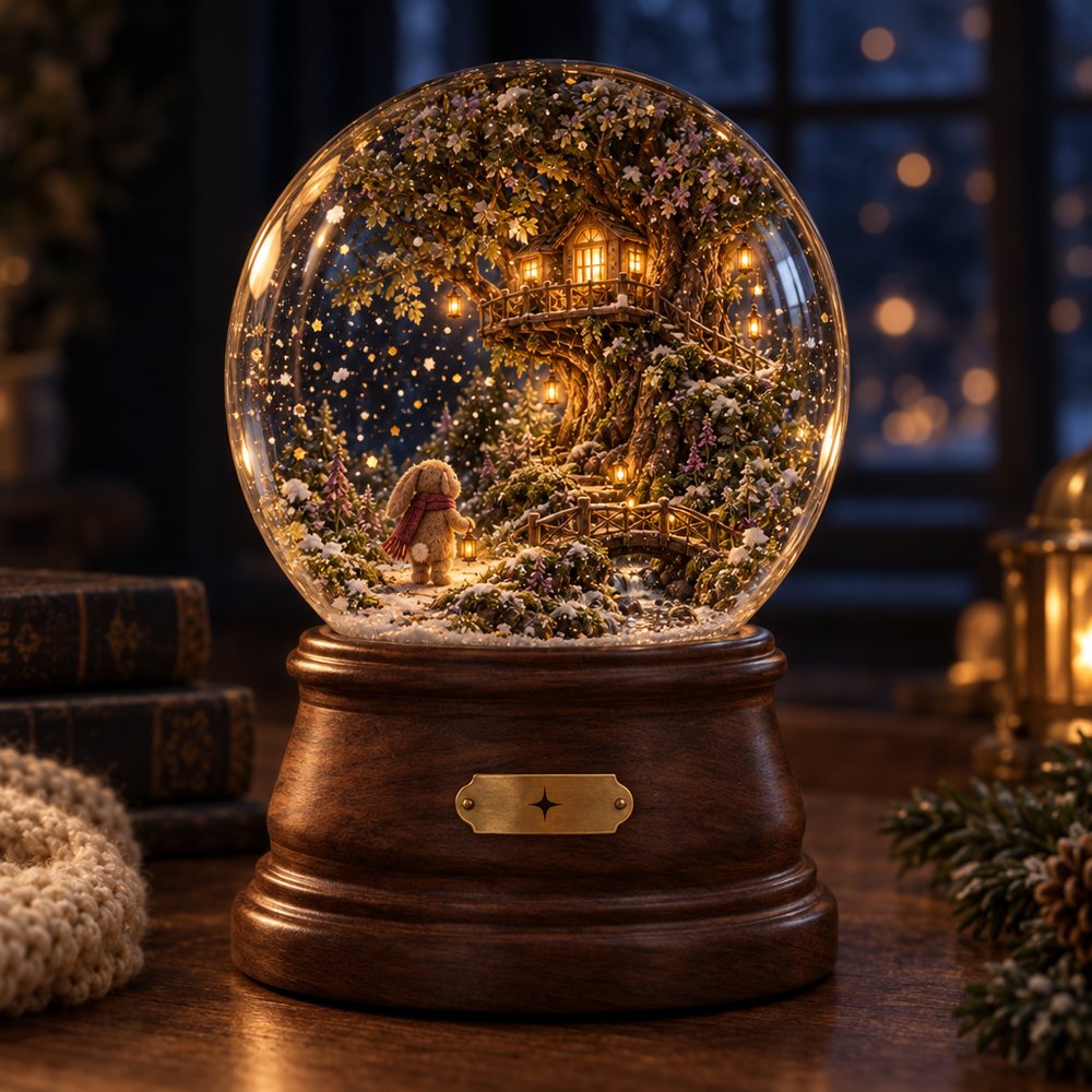 Snow globe with the glowing treehouse and tiny Wick on a walnut base