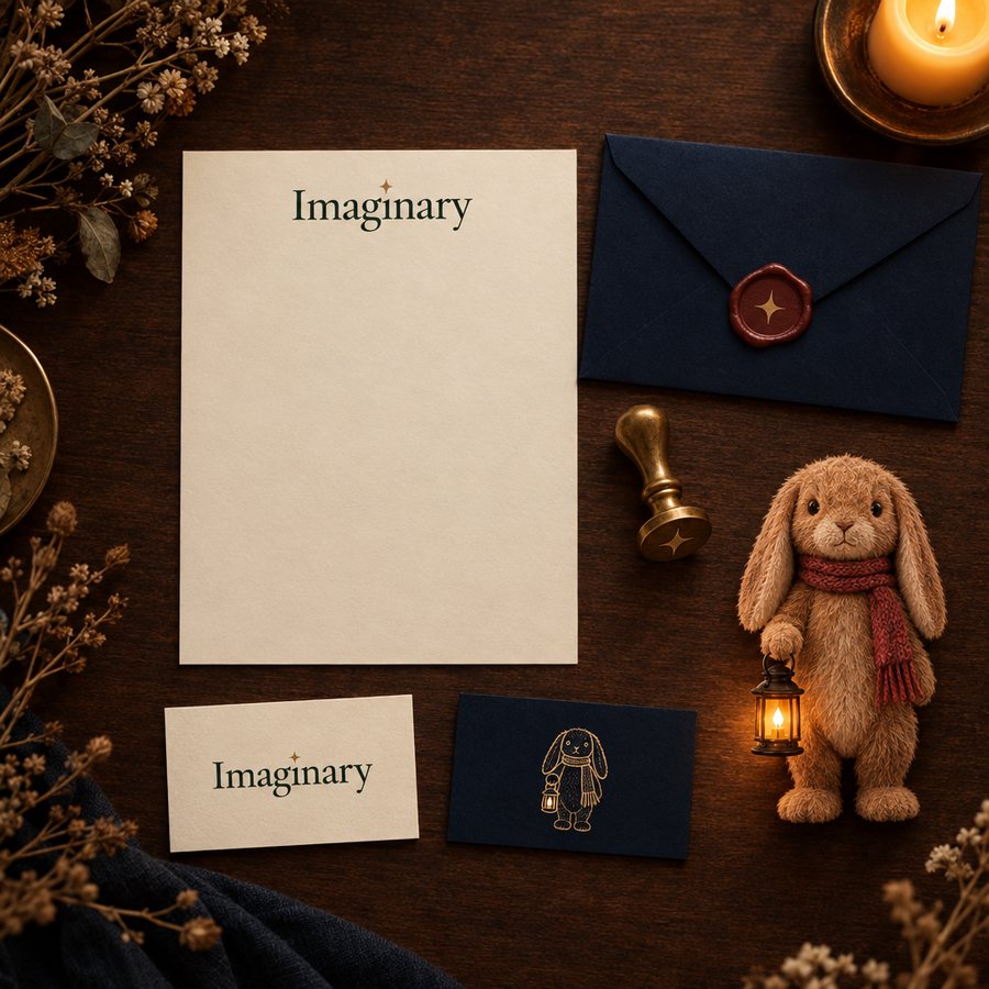 Letterhead and business cards with the Imaginary wordmark, envelope with spark wax seal, card back with Wick in gold