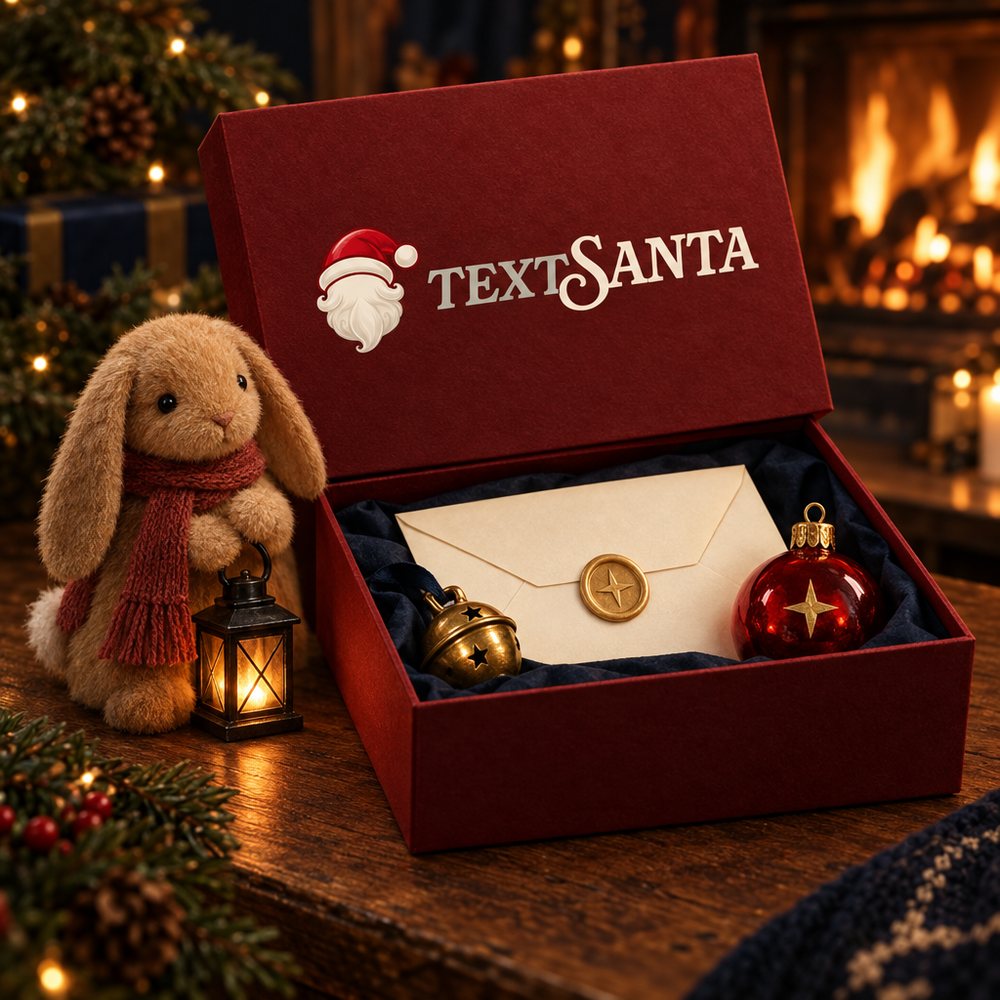 Red TextSanta keepsake box with a sealed letter, a bell and an ornament, Wick sitting beside it