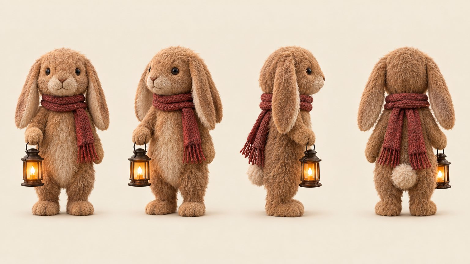 Turnaround of Wick: front, three-quarter, side and back views, each holding the lit lantern