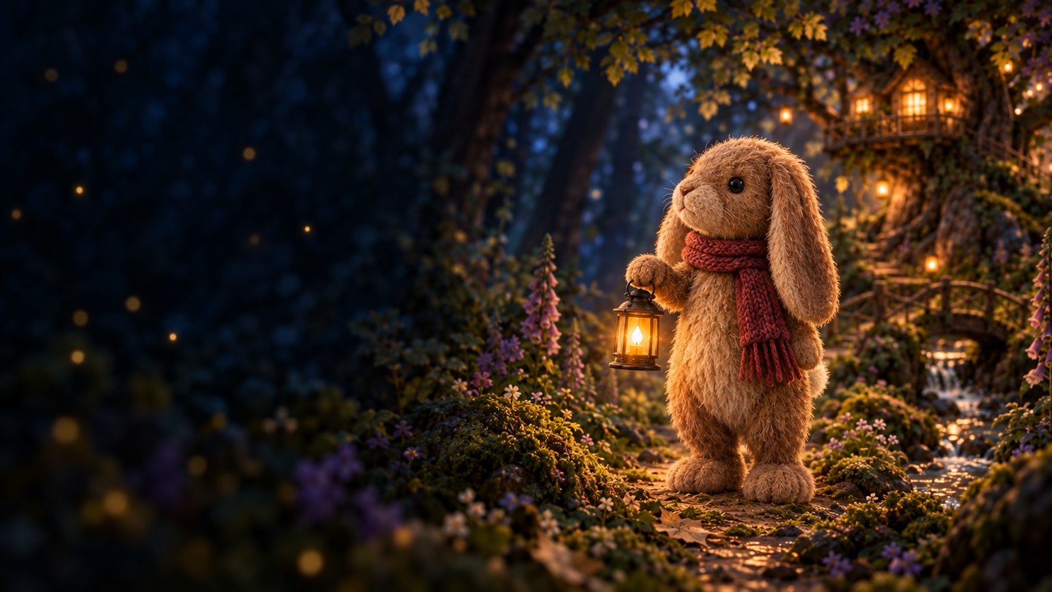 Wick, a small plush rabbit in a brick-red knit scarf, lifts a glowing lantern on a mossy forest path near the treehouse